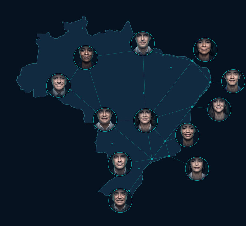 Assistentes técnicos e peritos médicos de várias idades e origens, formando uma rede